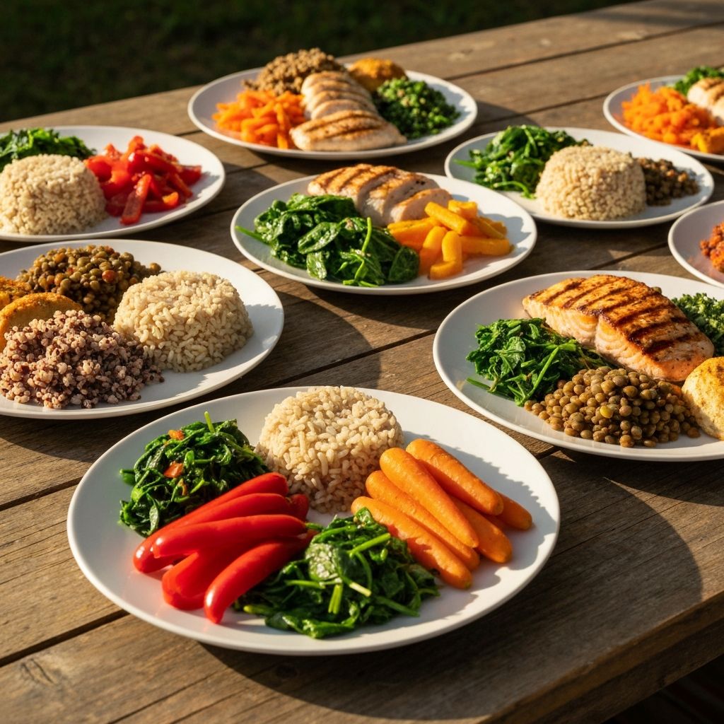Multiple balanced plates showing food diversity
