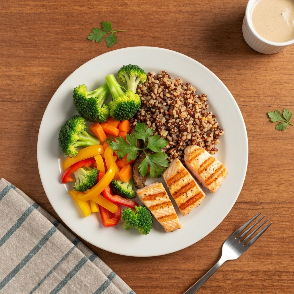 Plate divided into sections showing balanced food groups